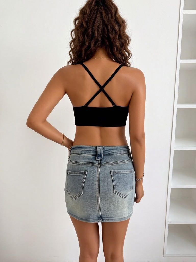 Model wearing black push-up bra with front fastening
