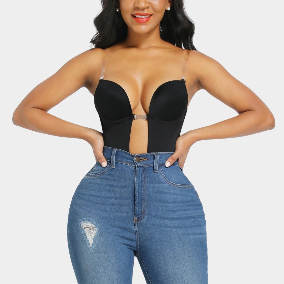 Backless U - Plunge Clear Strap Bodysuit - Luxmery