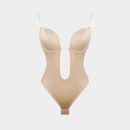 Backless U - Plunge Clear Strap Bodysuit - Luxmery