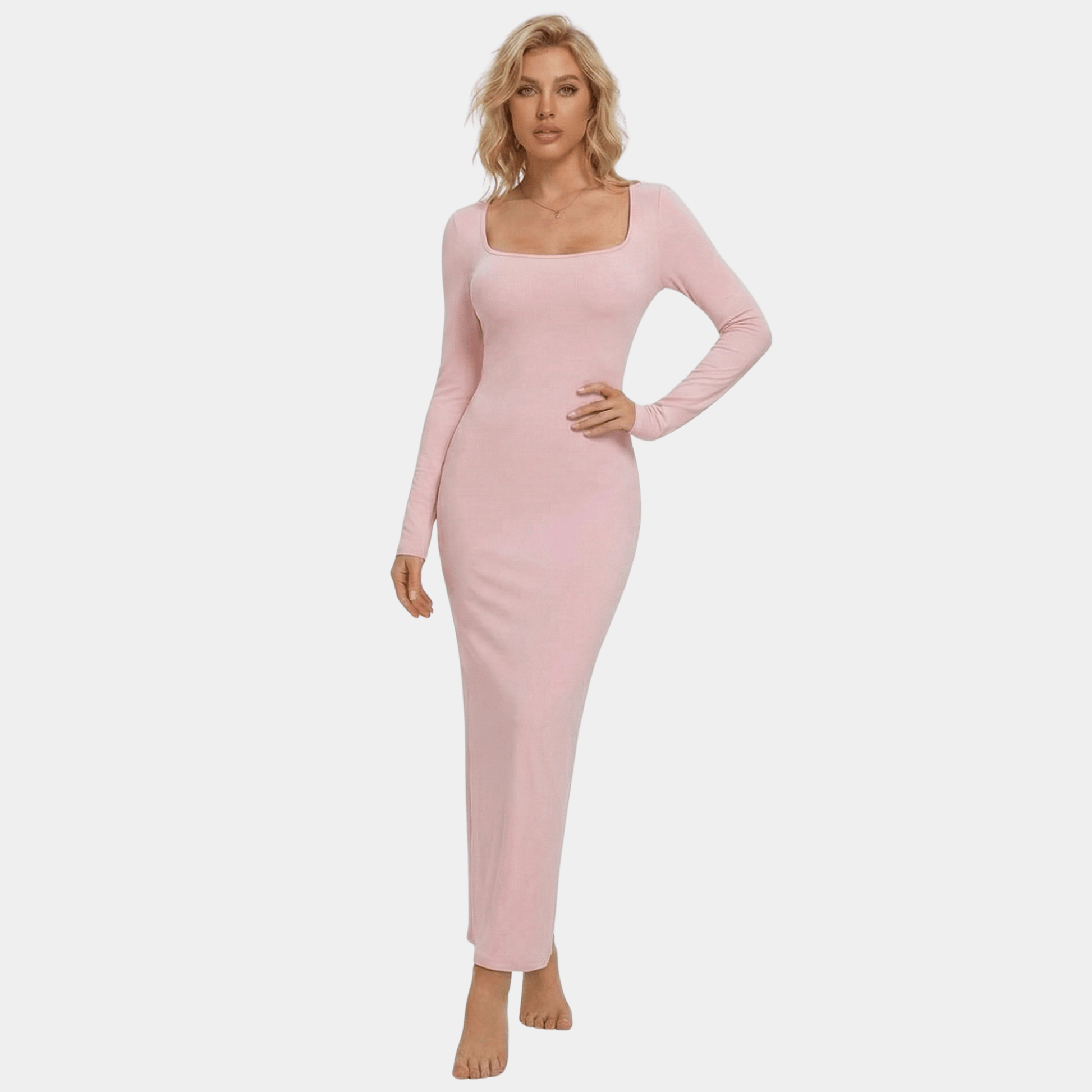 Long Sleeve Square Neck Sculpting Maxi Dress, Grey / XL Long Sleeve Square Neck Sculpting Maxi Dress, Grey / XL