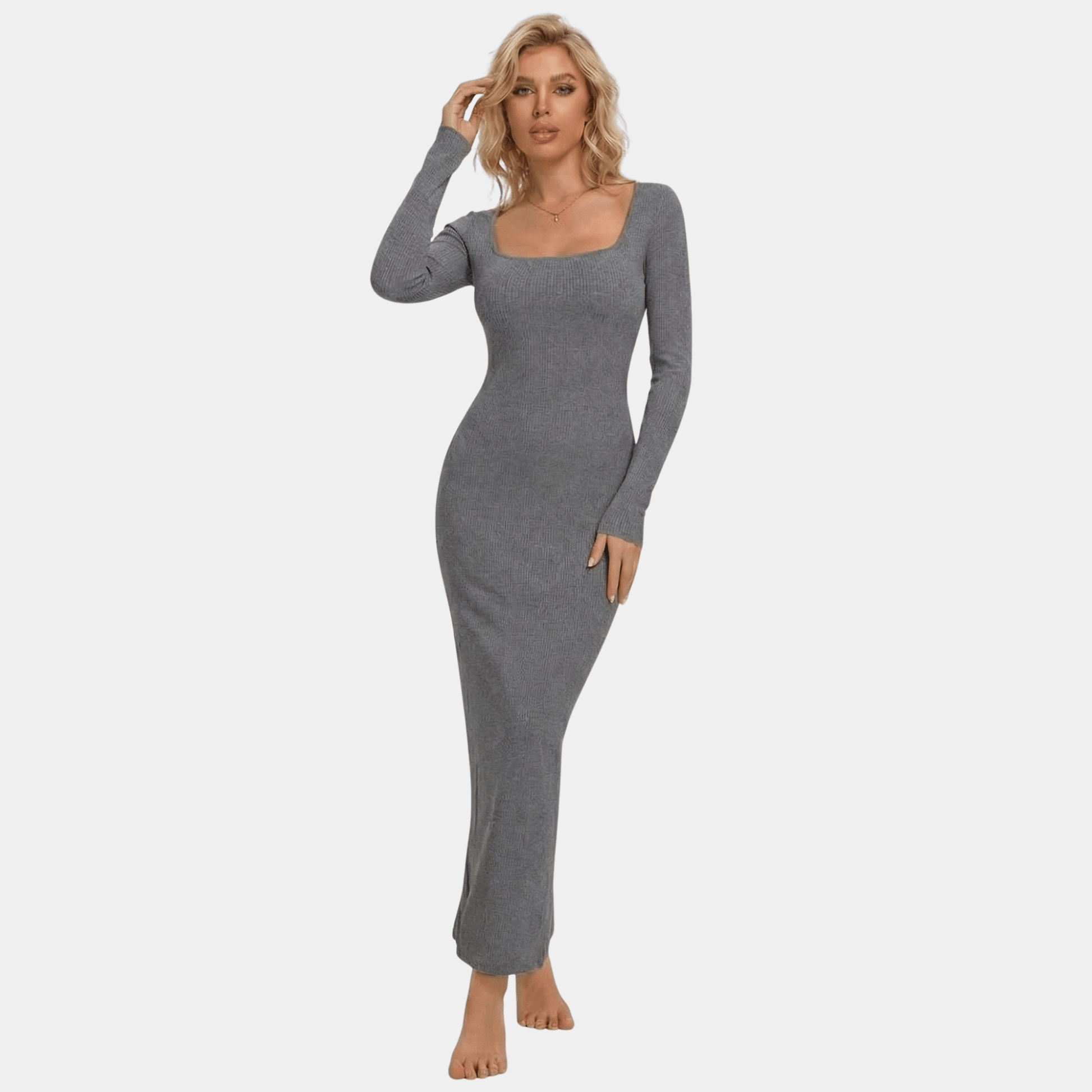 Long Sleeve Square Neck Sculpting Maxi Dress, Grey / XL Long Sleeve Square Neck Sculpting Maxi Dress, Grey / XL