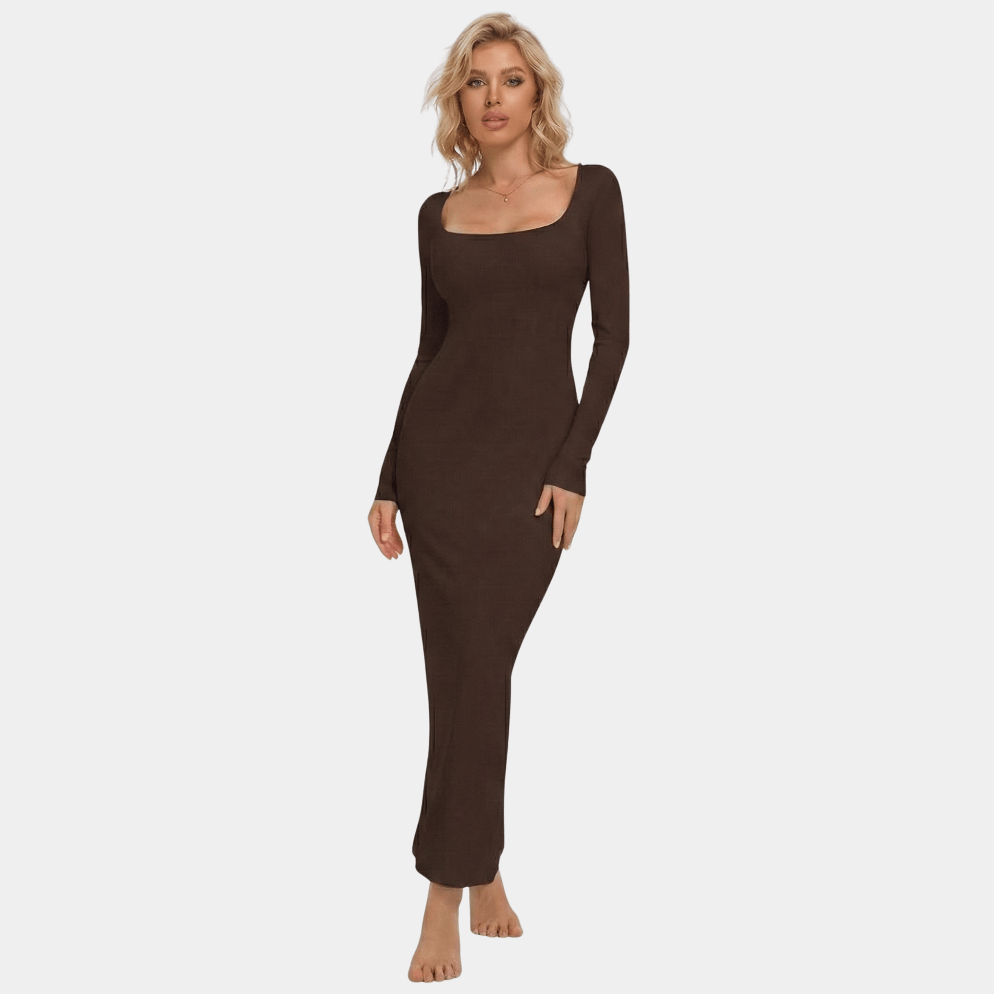 Long Sleeve Square Neck Sculpting Maxi Dress, Grey / XL Long Sleeve Square Neck Sculpting Maxi Dress, Grey / XL