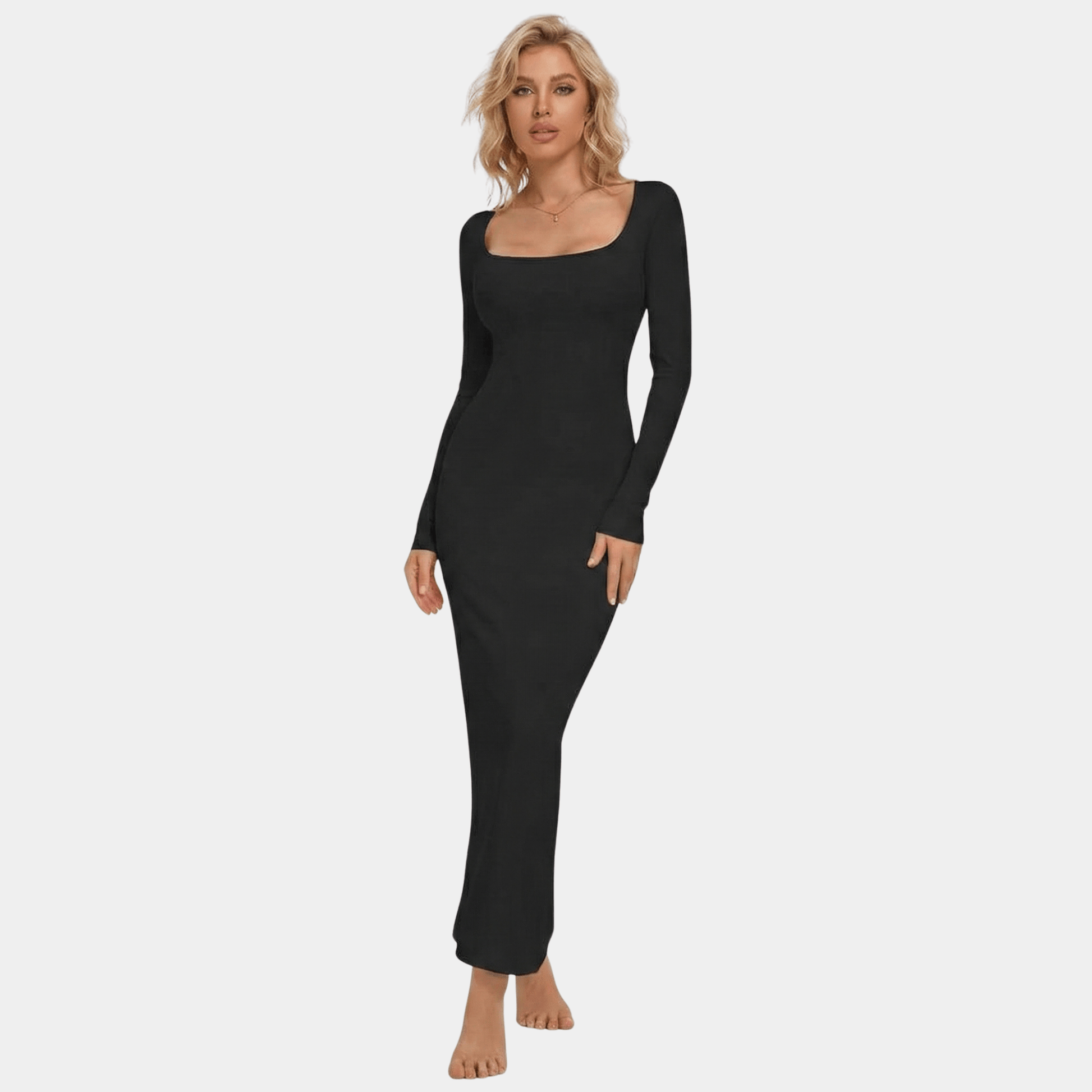 Long Sleeve Square Neck Sculpting Maxi Dress, Grey / XL Long Sleeve Square Neck Sculpting Maxi Dress, Grey / XL