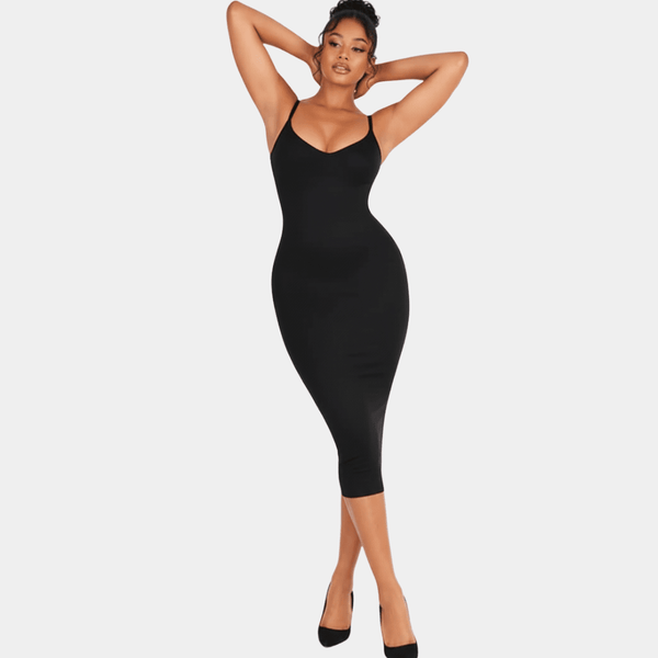 V Neck Bodycon Midi Shaper Dress with Spaghetti Straps, Black / XL/2XL