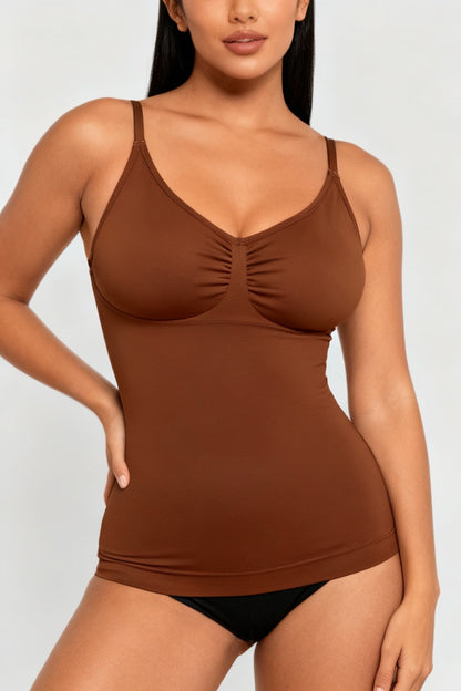 Model wearing brown shaping cami
